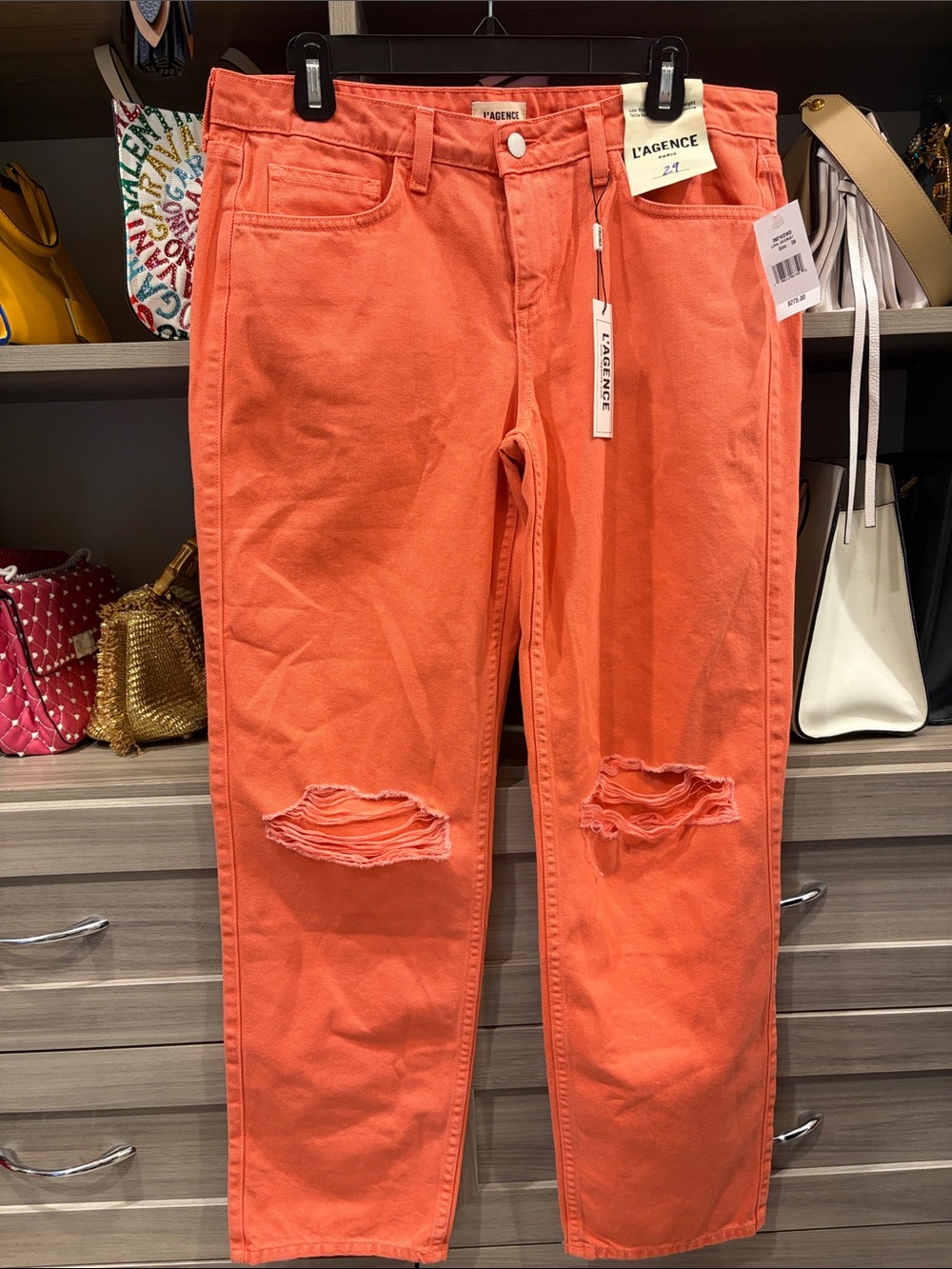 L'AGENCE Coral Orange Boyfriend Jeans with Knee Distress